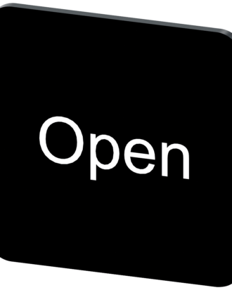 Plaquita de inscripción 22 × 22 mm, plaquita negra, inscripción: Open
